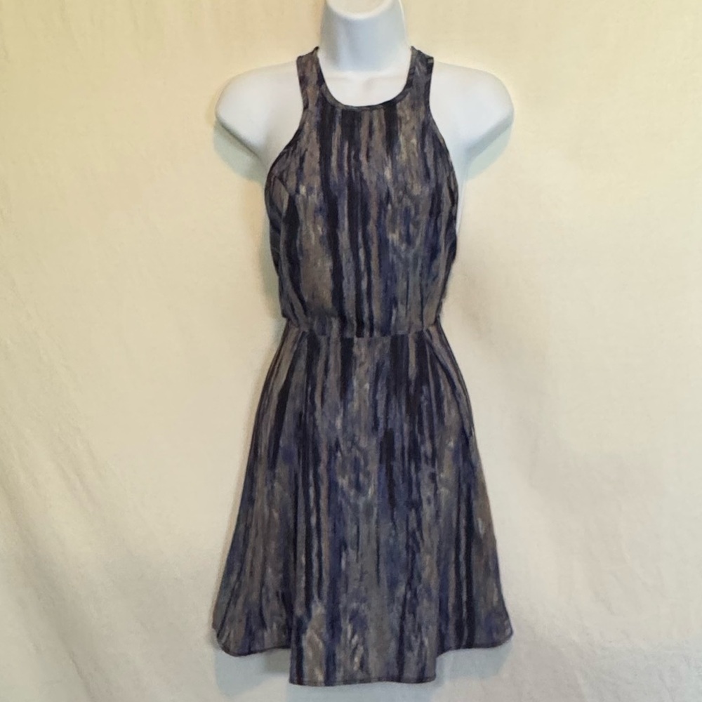 H-123 Ecote Blue‎ & Brown Racer Back Sleeveless Summer MIDI Dress Size 4